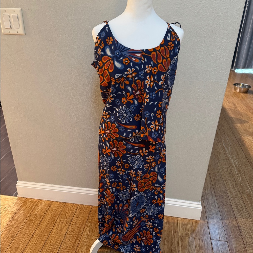 Sigrid Olsen two piece tank and skirt set Navywith Orange Floral Print